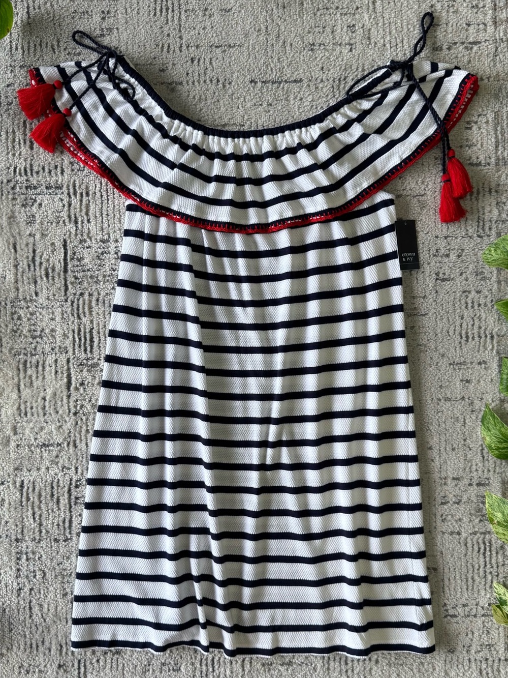 crown & ivy Navy and White Striped Off-Shoulder Top with Red Tassels